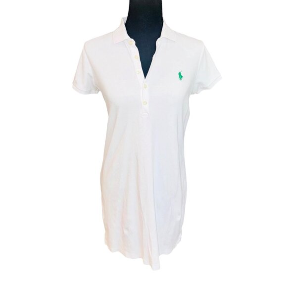Ralph Lauren White Polo Dress M Green Pony Logo Cotton Preppy Tennis Academic - Picture 2 of 10